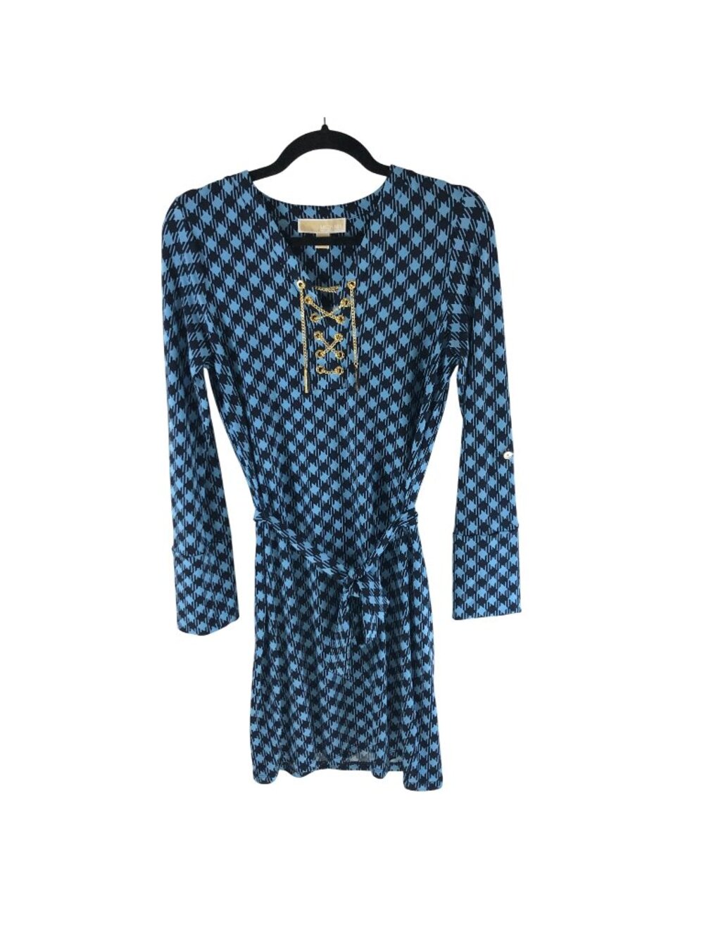 Michael Kors XS Blue & Black Geometric Print Dress Gold Chain Detail Tie Waist